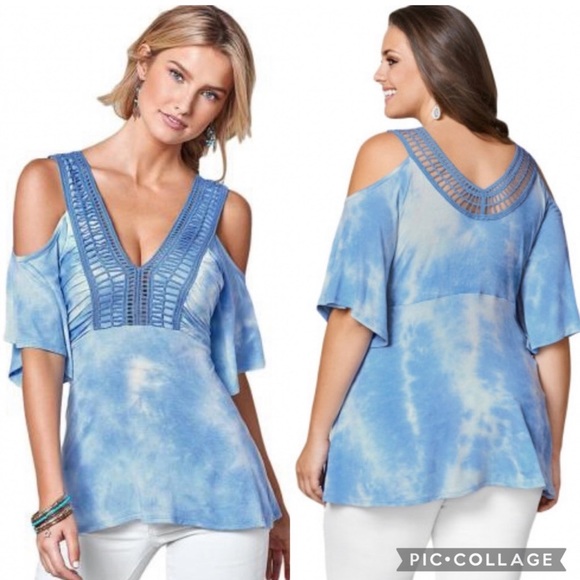 Tops - BLUE Cold Shoulder Tie Dye V Neck Top
